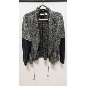 avenue Black/Grey Fuzzy Wool Drawstring Waist Cardigan